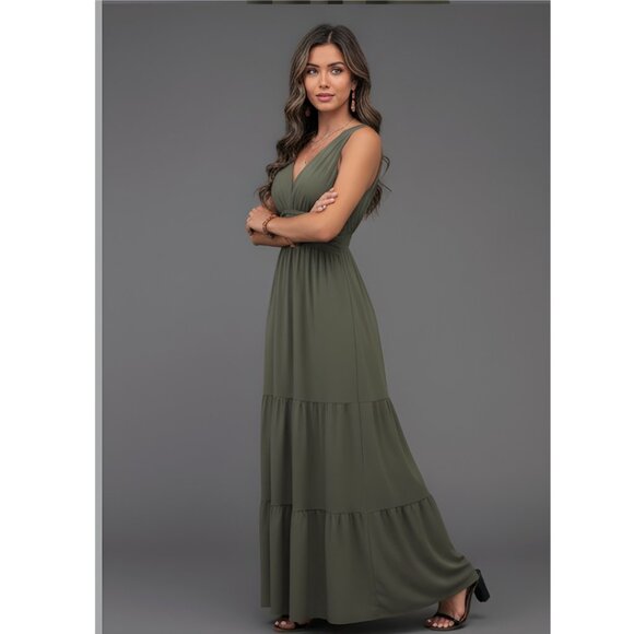 Boho V-Neck Pleated Waist Dress Army Green - Picture 3 of 9